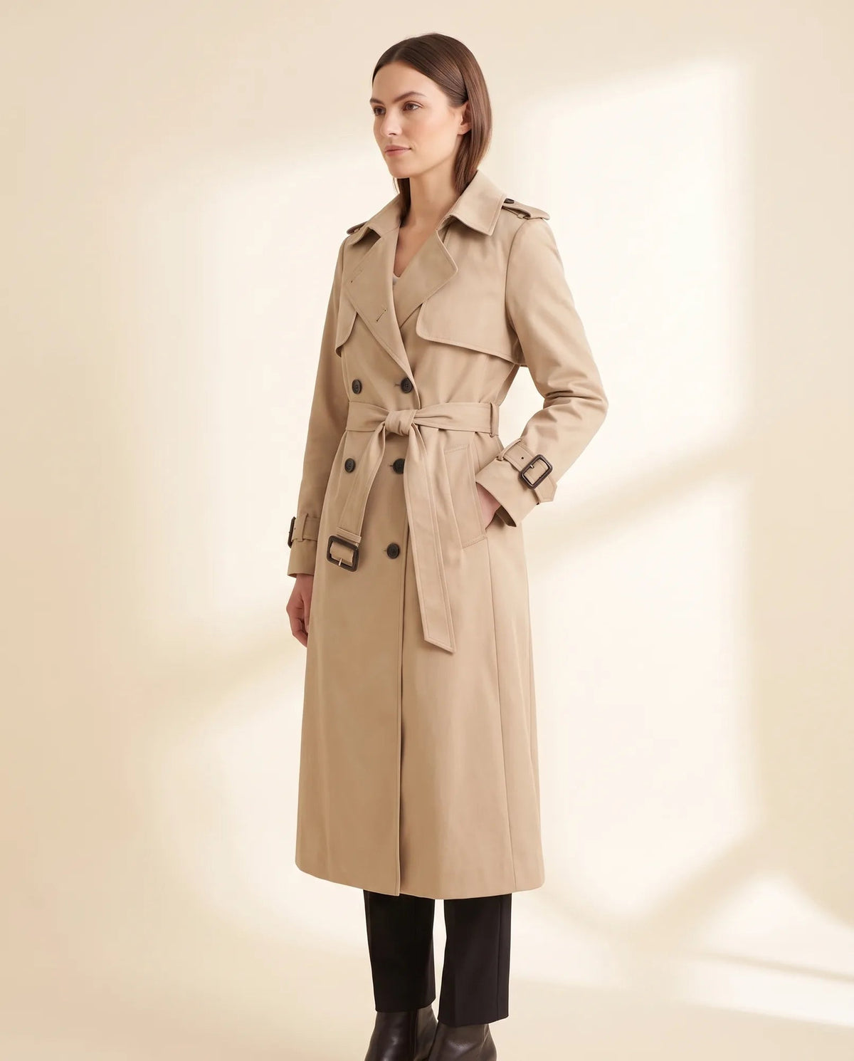 Angled view of beige belted trench coat showing long sleeves and side pocket