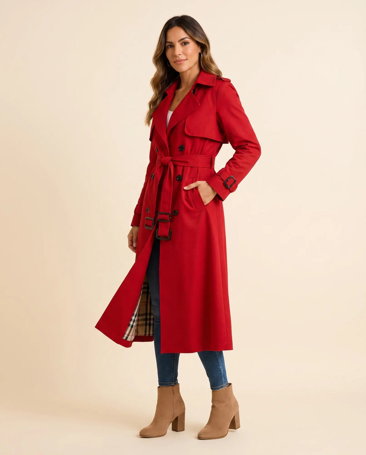 Angled view of red belted trench coat showing long sleeves and side pocket