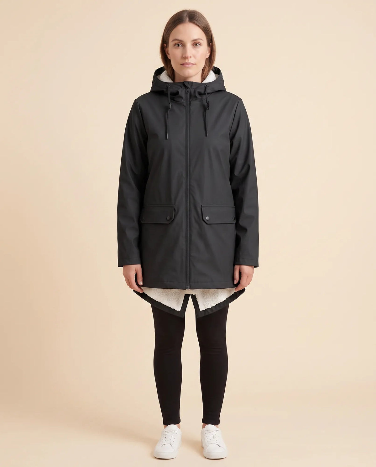 Women's lined hooded coat in black – front view with zip fastening and flap pockets