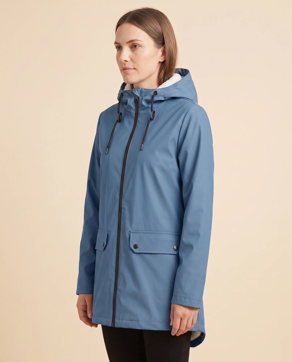Women's lined hooded coat in blue – angled view showing the coat silhouette