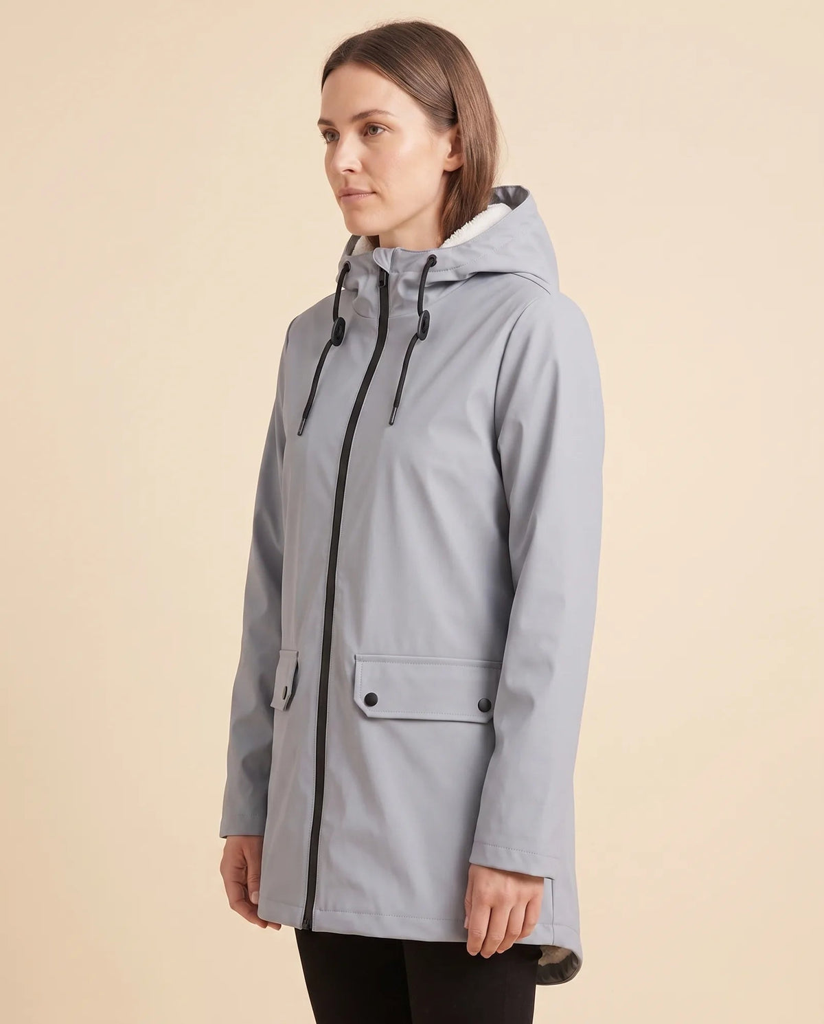 Women's lined hooded coat in grey – angled view showing the coat silhouette