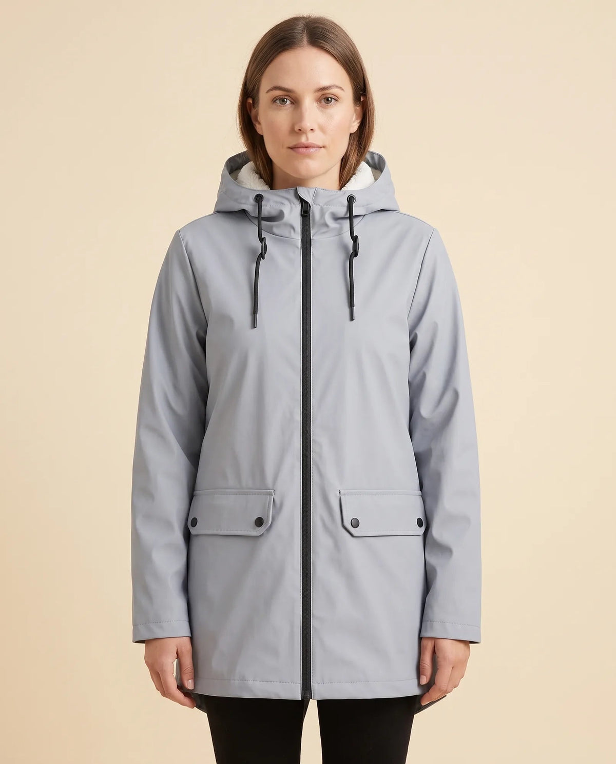 Women's lined hooded coat in grey – front view with zip fastening and flap pockets