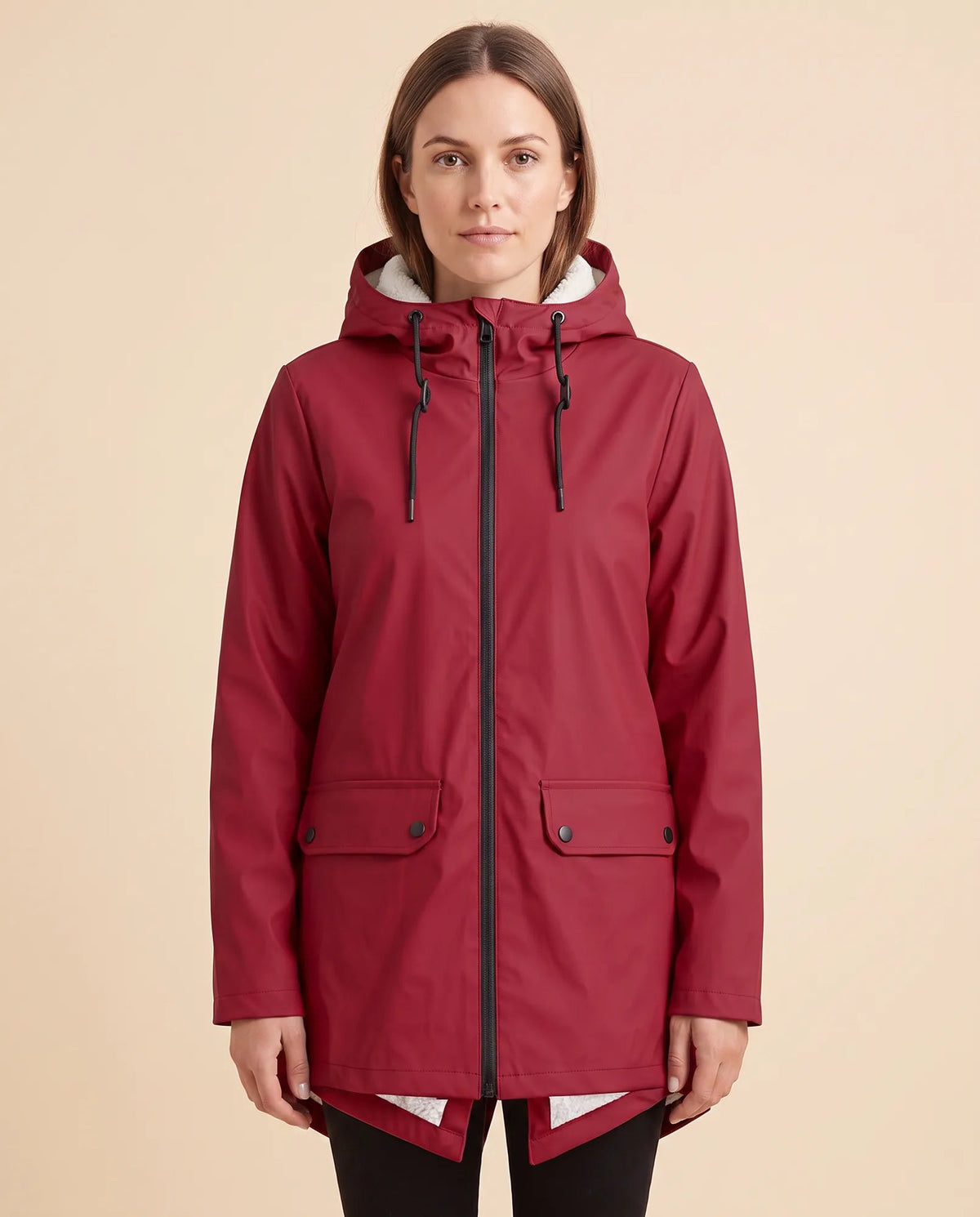 Women's lined hooded coat in red – front view with zip fastening and flap pockets
