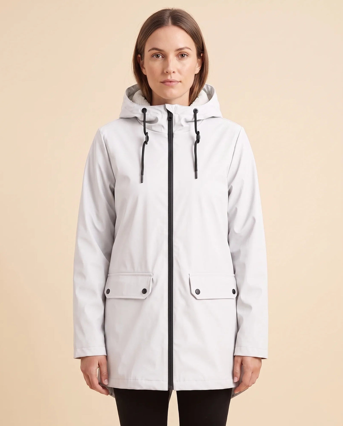 Women's lined hooded coat in white – front view with zip fastening and flap pockets