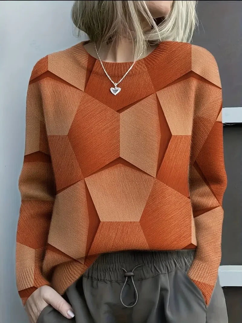 Women's geometric print knit sweater in orange