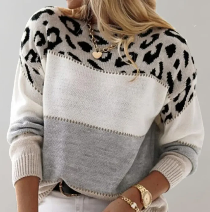 Women's leopard print colour block knit sweater in grey - detail