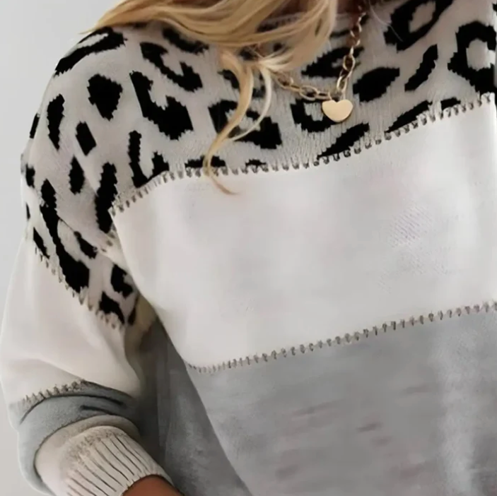 Women's leopard print colour block knit sweater in grey - close-up