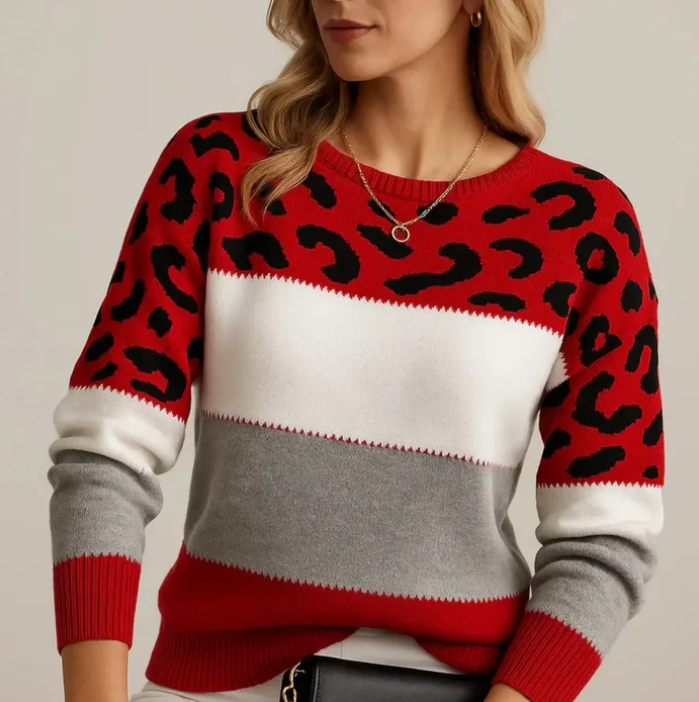 Women's leopard print colour block knit sweater in red