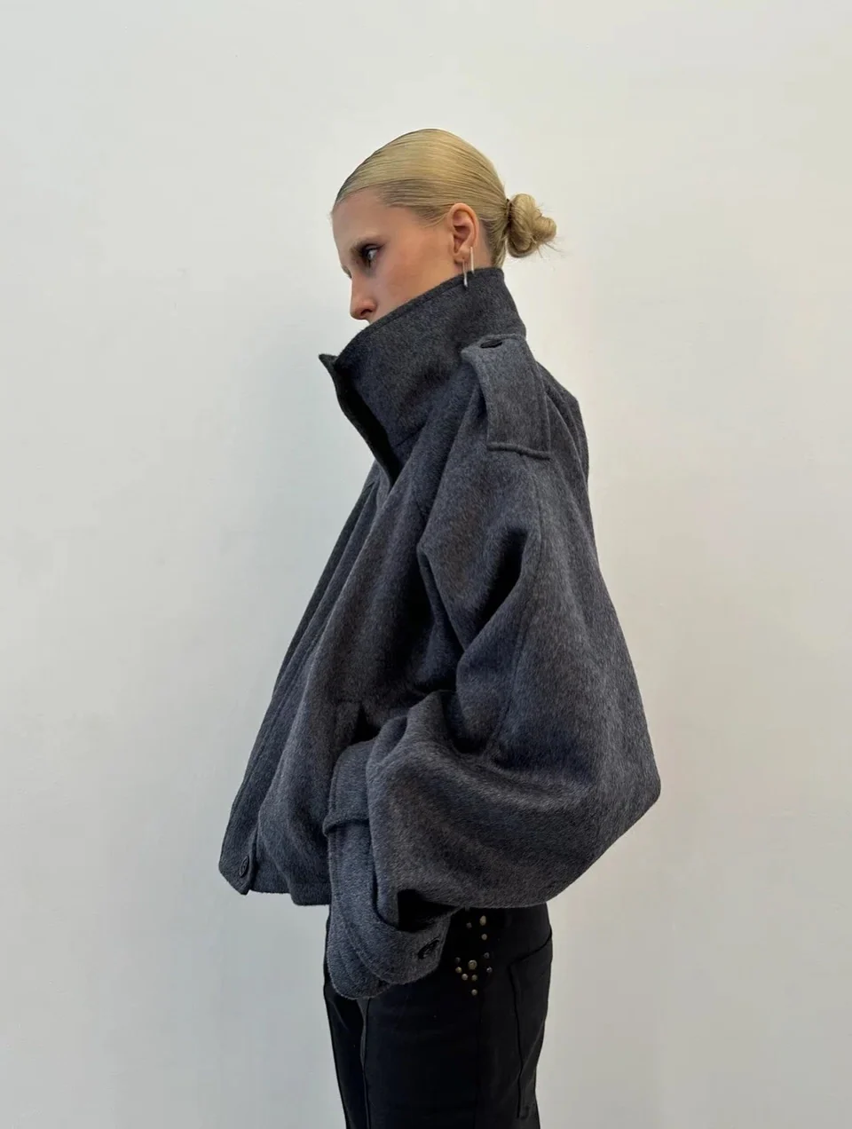 Women's Oversized Batwing Jacket, High Collar and Button Front