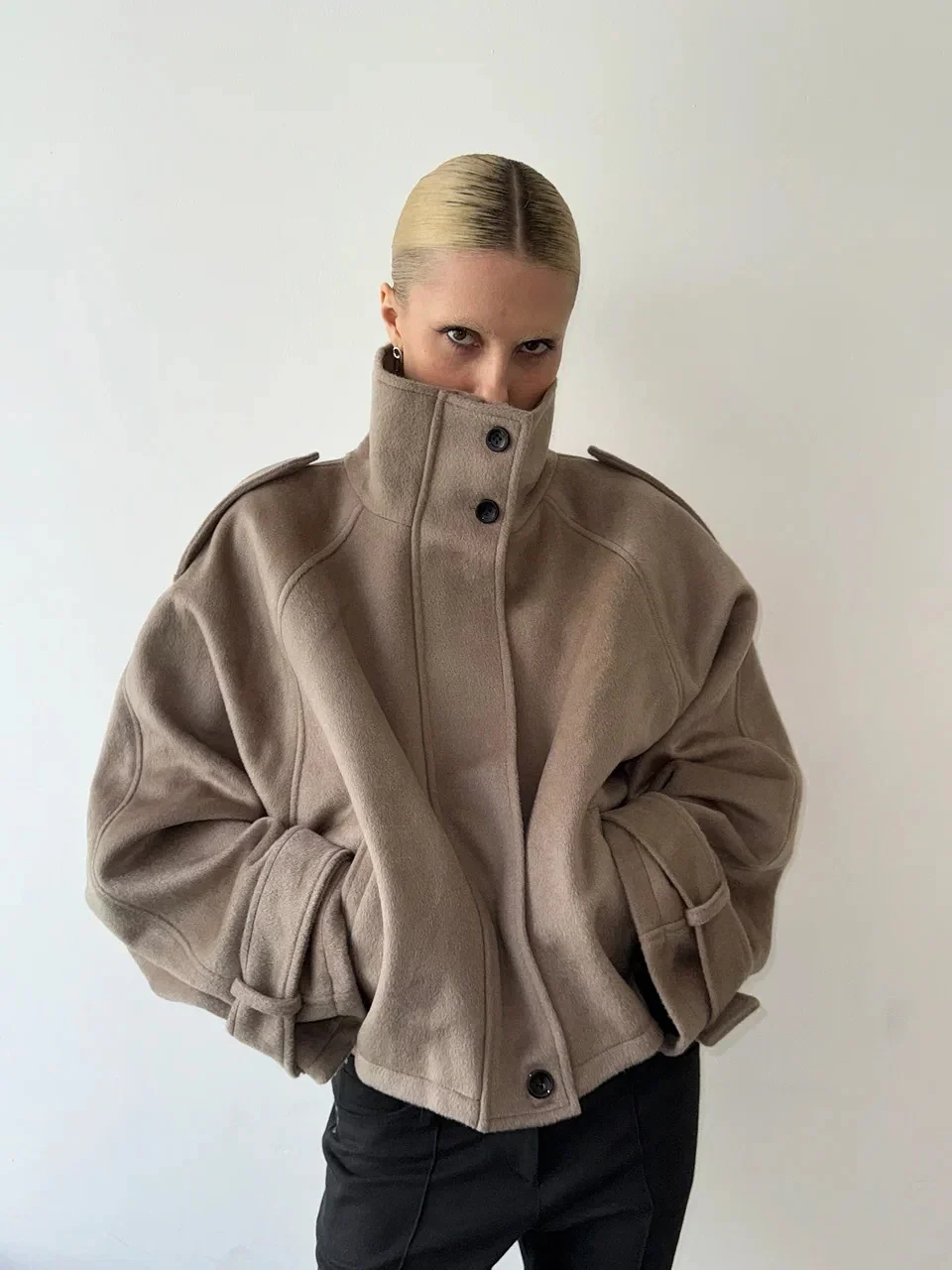 Women's Oversized Batwing Jacket, High Collar and Button Front