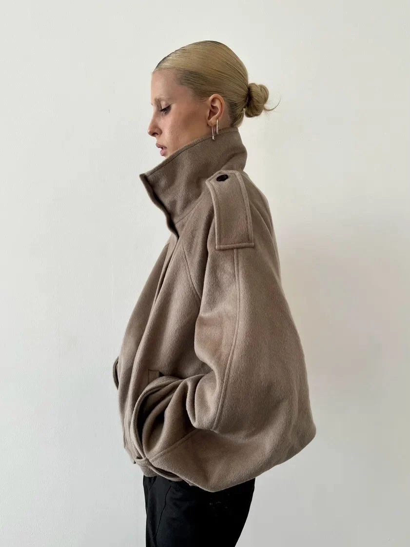 Women's Oversized Batwing Jacket, High Collar and Button Front