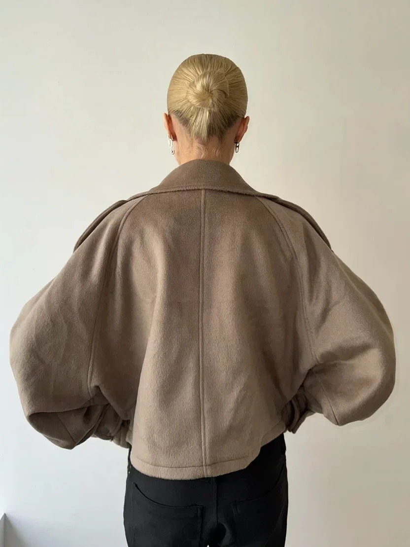 Women's Oversized Batwing Jacket, High Collar and Button Front