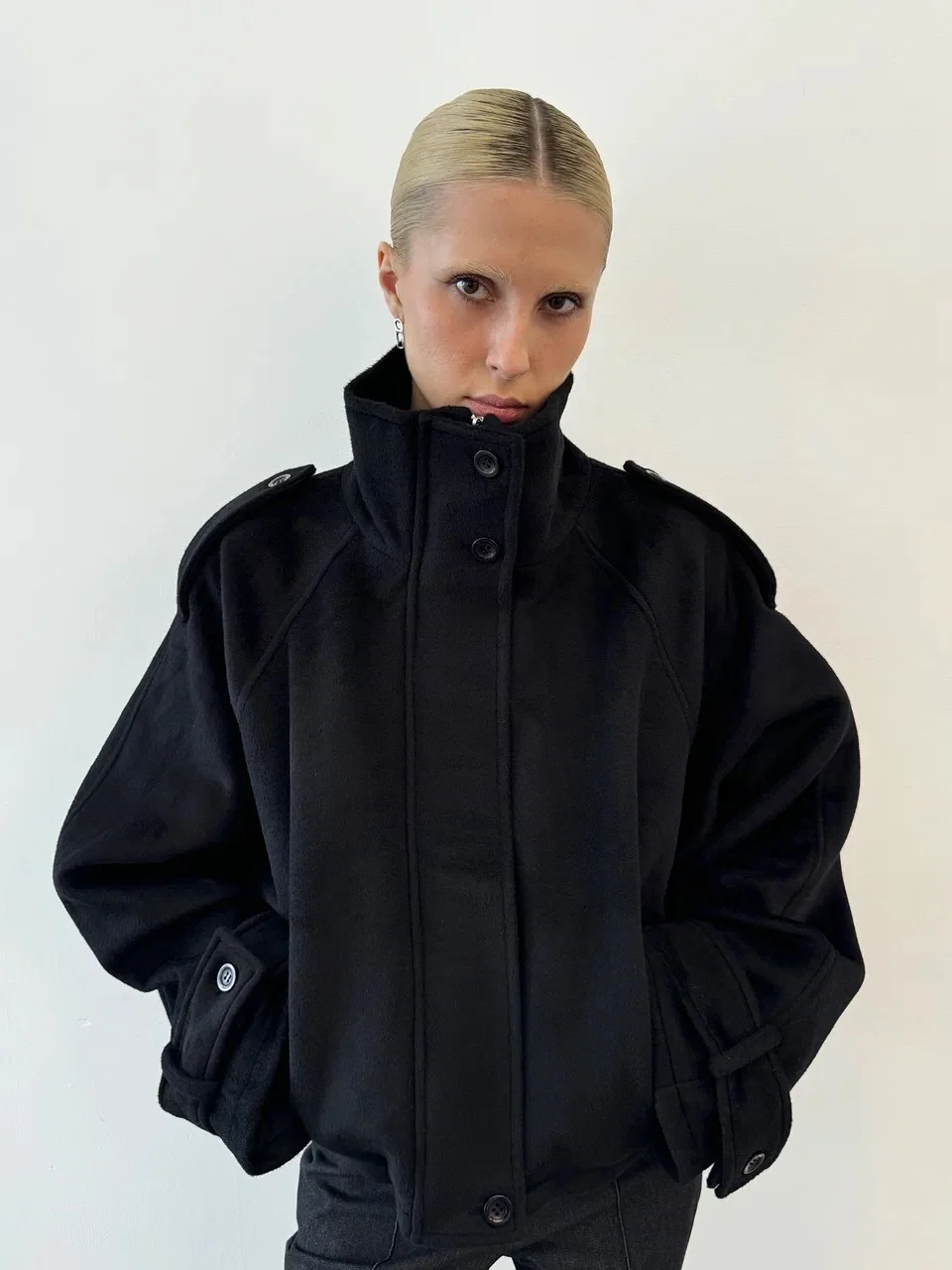 Women's Oversized Batwing Jacket, High Collar and Button Front
