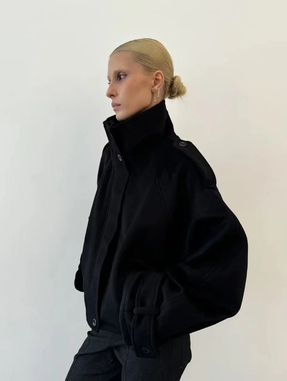 Women's Oversized Batwing Jacket, High Collar and Button Front