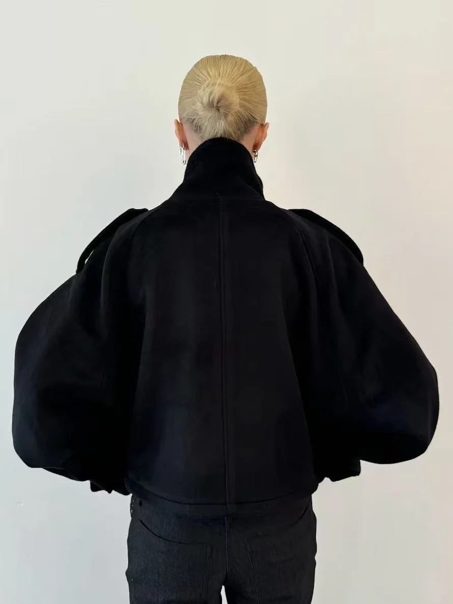 Women's Oversized Batwing Jacket, High Collar and Button Front