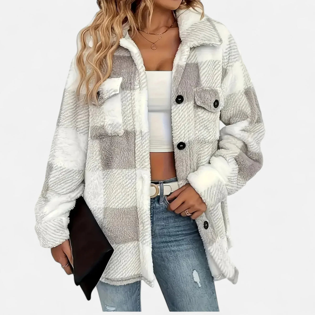 Women's Plaid Sherpa Jacket, Button Front and Chest Pockets - Joanne
