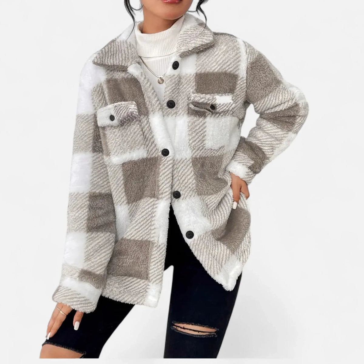 Women's Plaid Sherpa Jacket, Button Front and Chest Pockets - Joanne