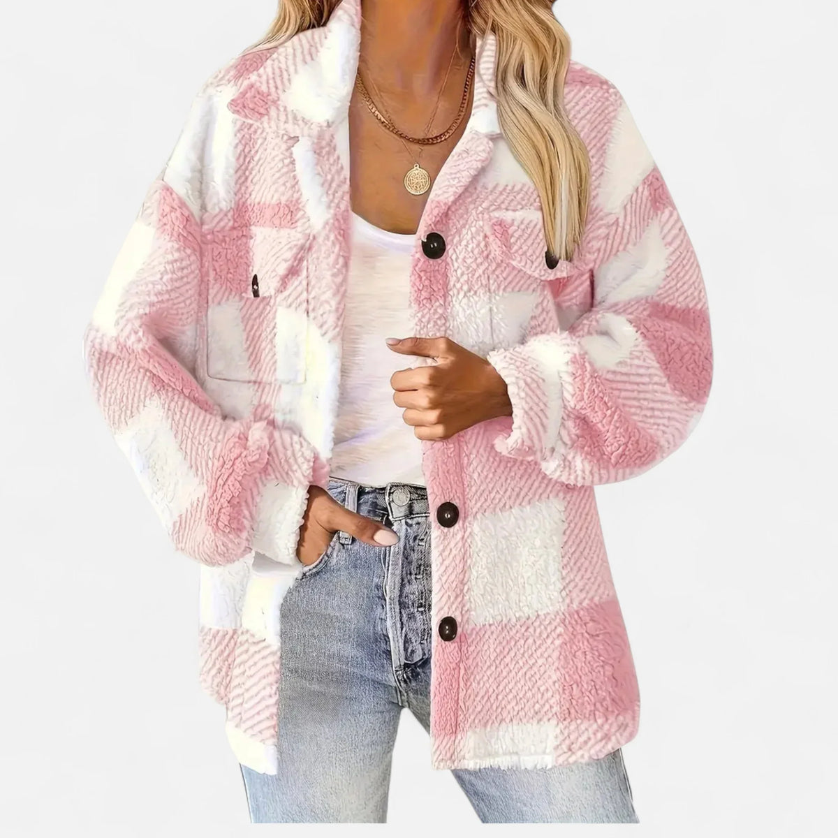 Women's Plaid Sherpa Jacket, Button Front and Chest Pockets - Joanne