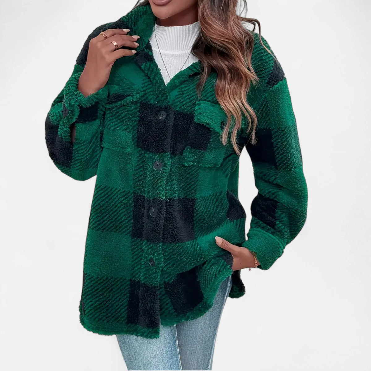 Women's Plaid Sherpa Jacket, Button Front and Chest Pockets - Joanne