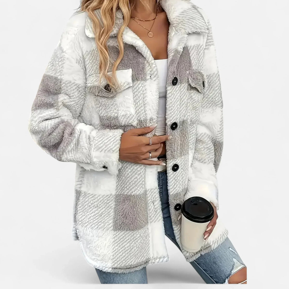 Women's Plaid Sherpa Jacket, Button Front and Chest Pockets - Joanne