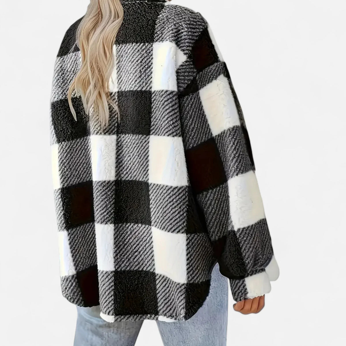 Women's Plaid Sherpa Jacket, Button Front and Chest Pockets - Joanne