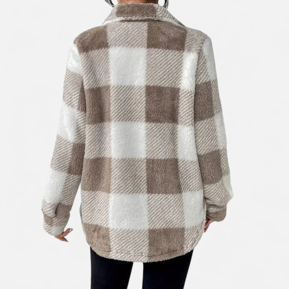 Women's Plaid Sherpa Jacket, Button Front and Chest Pockets - Joanne