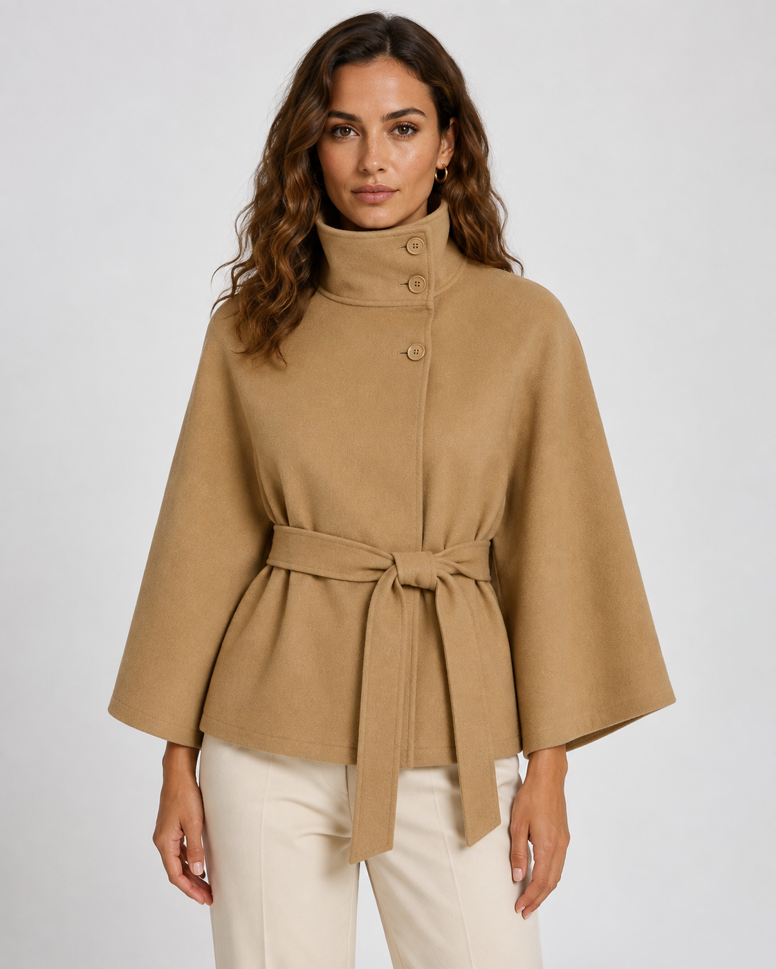Women's Belted Funnel Neck Cape Coat, Hip-Length Cut - Kacob
