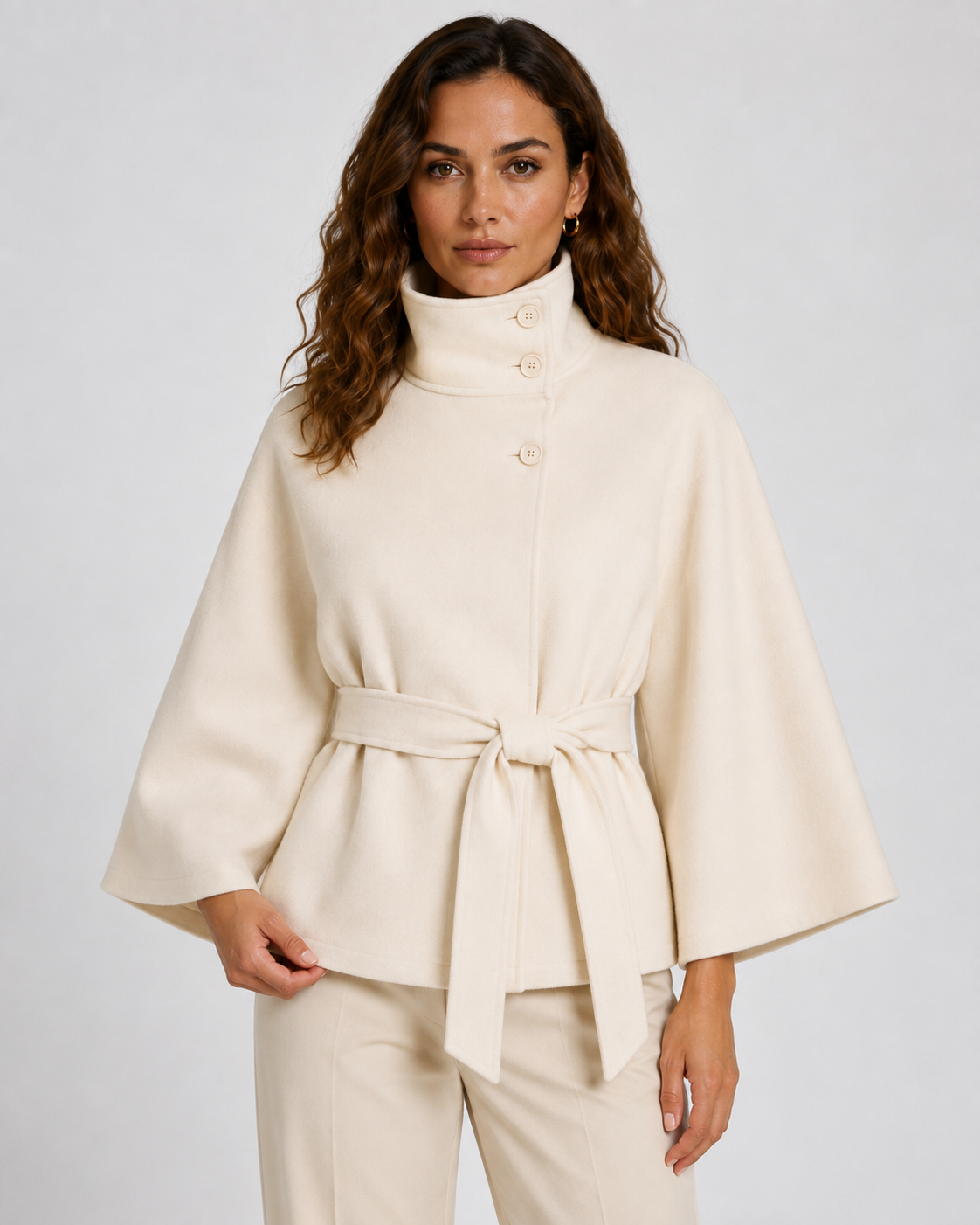 Women's Belted Funnel Neck Cape Coat, Hip-Length Cut - Kacob