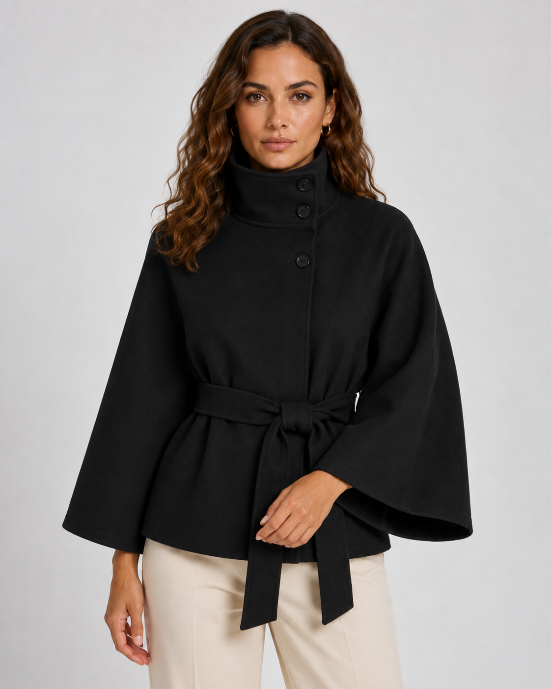 Women's Belted Funnel Neck Cape Coat, Hip-Length Cut - Kacob