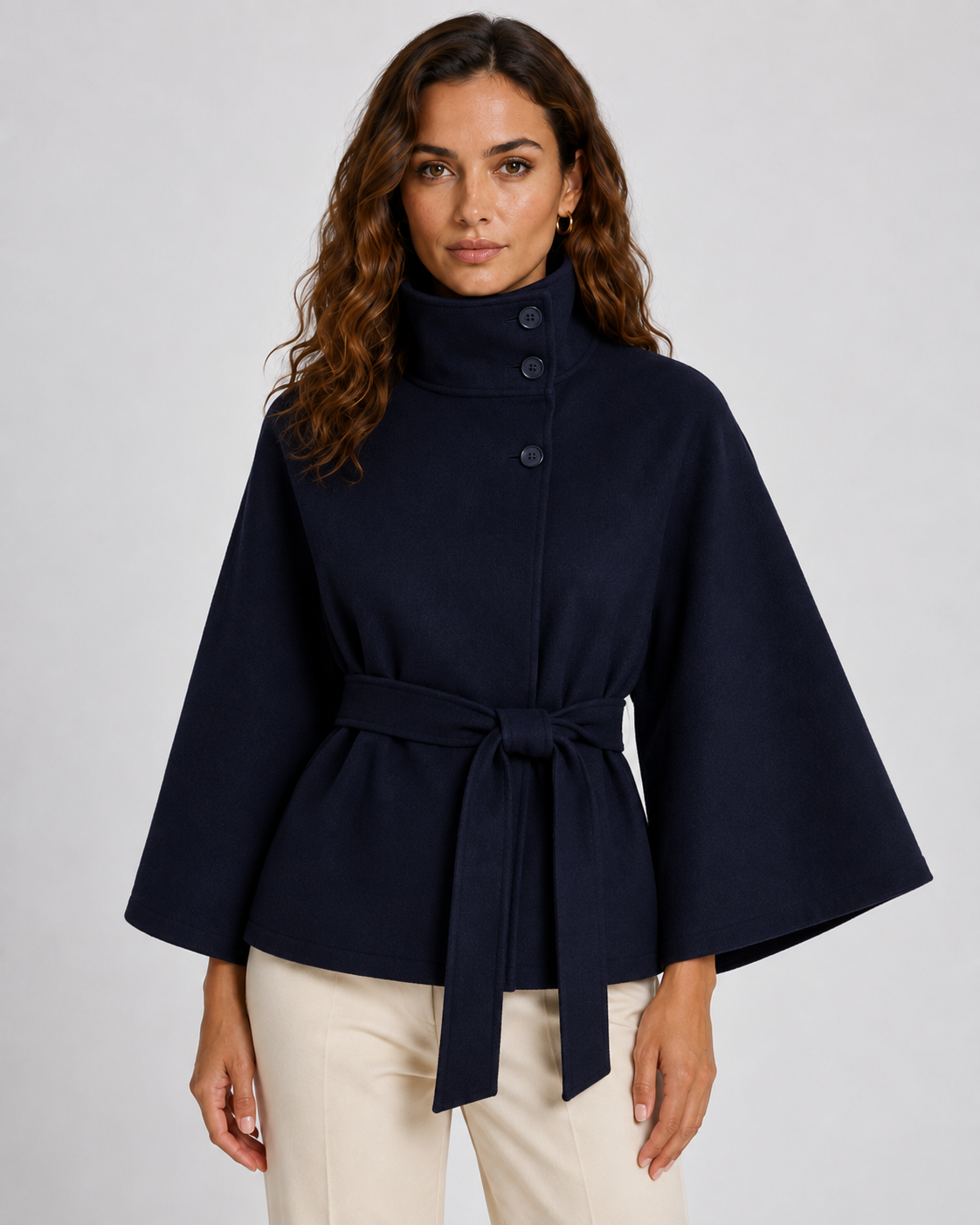 Women's Belted Funnel Neck Cape Coat, Hip-Length Cut - Kacob