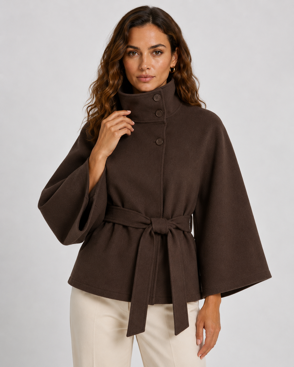 Women's Belted Funnel Neck Cape Coat, Hip-Length Cut - Kacob