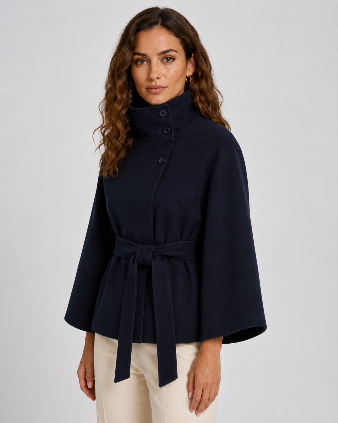 Women's Belted Funnel Neck Cape Coat, Hip-Length Cut - Kacob