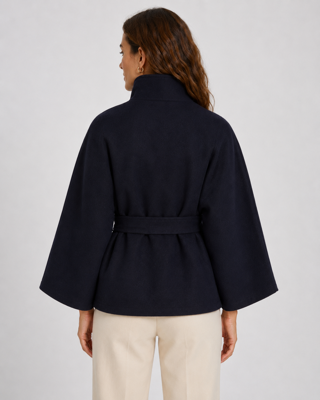 Women's Belted Funnel Neck Cape Coat, Hip-Length Cut - Kacob