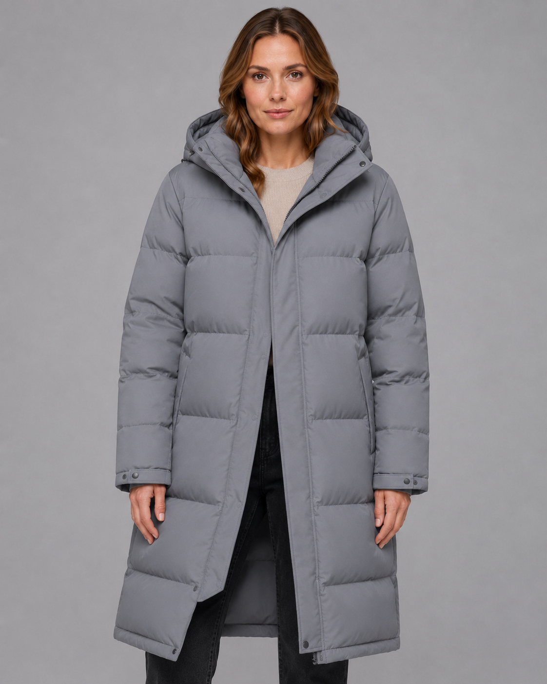 Women's Long Hooded Padded Parka, Straight Fit with Pockets - Kacob