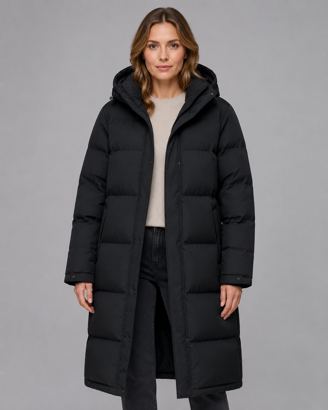 Women's Long Hooded Padded Parka, Straight Fit with Pockets - Kacob