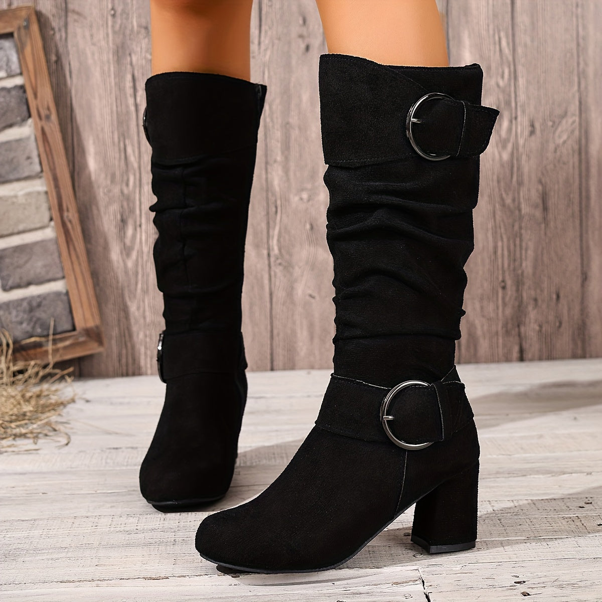 Women's Slouch Knee-High Boots, Block Heel and Buckle Straps - Kacob