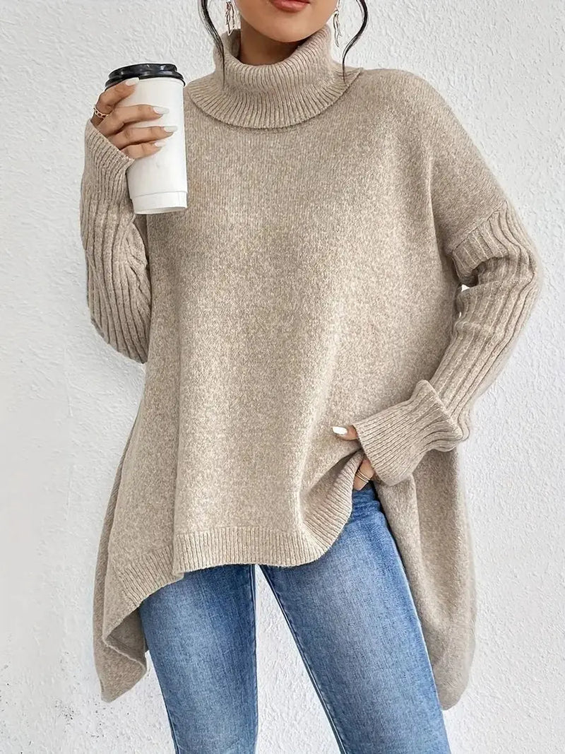 Women's oversized longline ribbed turtleneck sweater in beige