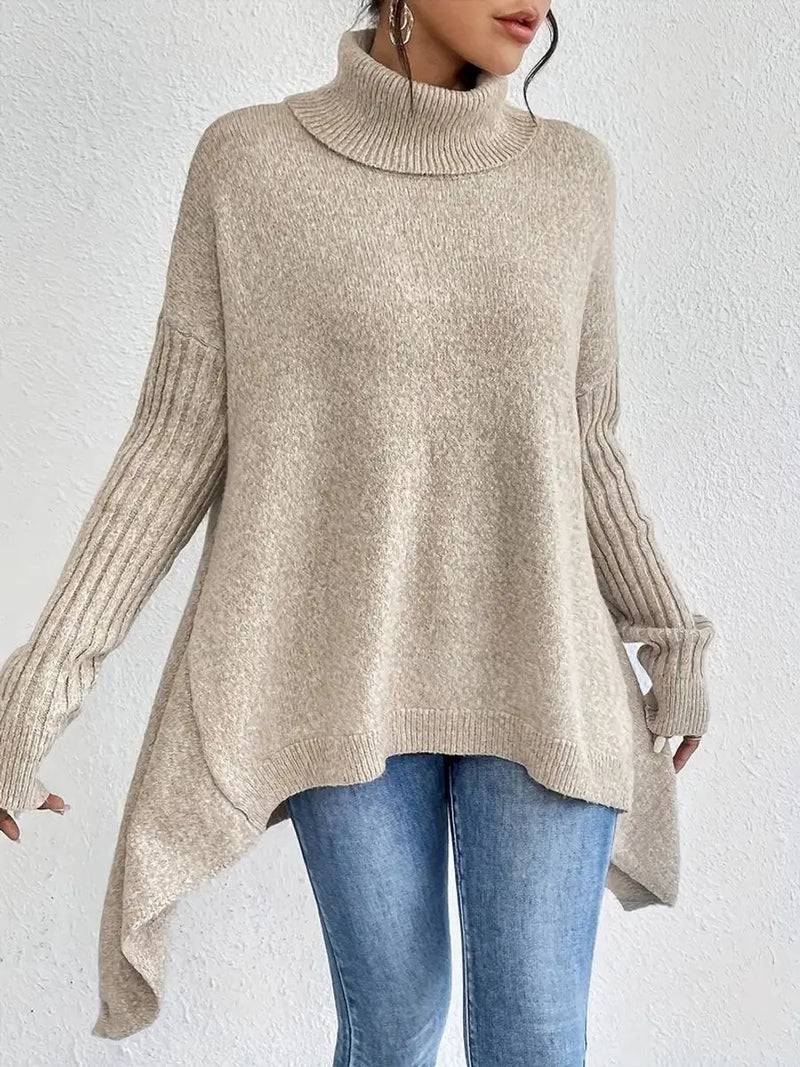 Women's oversized longline ribbed turtleneck sweater in beige - wide view