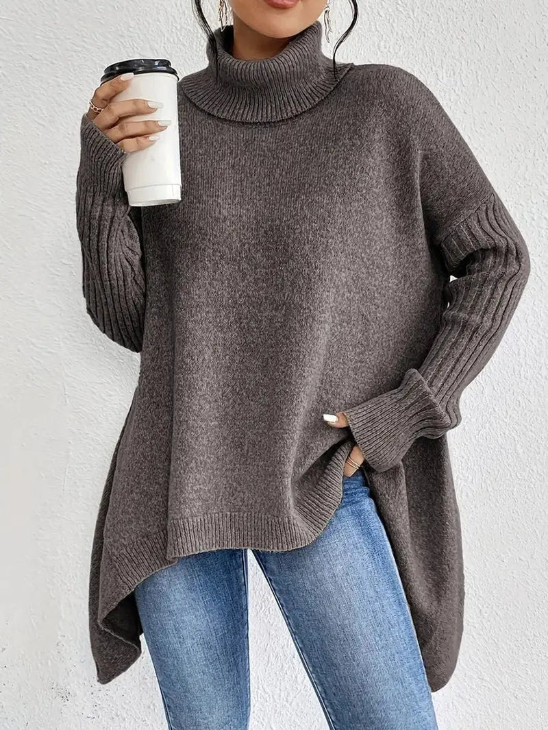 Women's oversized longline ribbed turtleneck sweater in brown