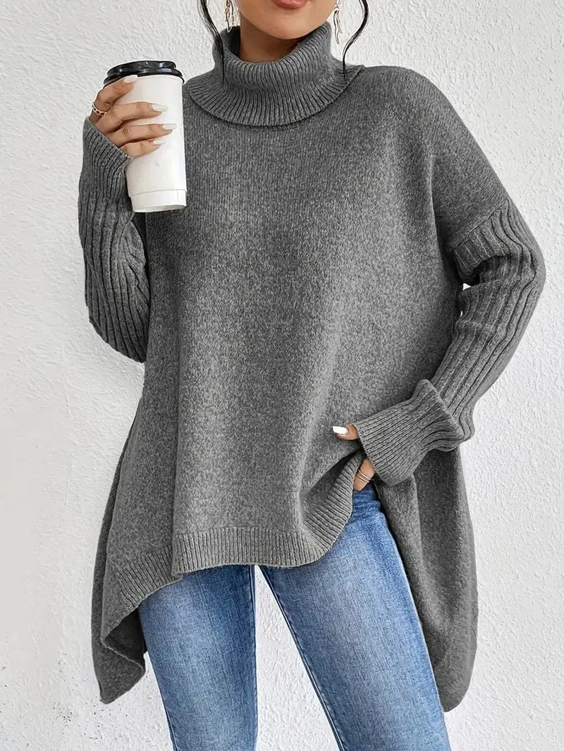 Women's oversized longline ribbed turtleneck sweater in gray