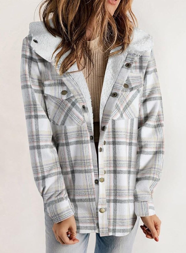 Women's Plaid Flannel Jacket with Sherpa Collar - Mireille