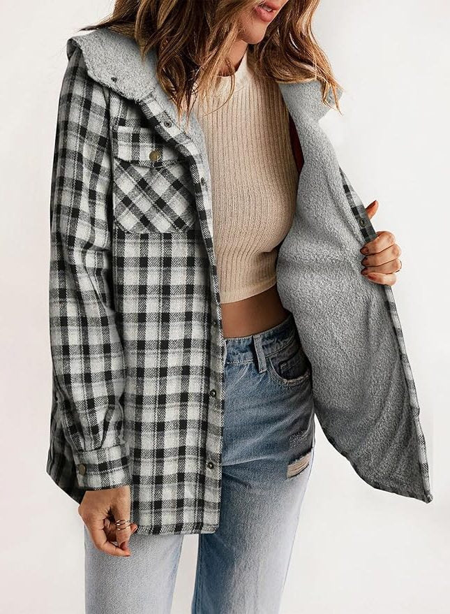 Women's Plaid Flannel Jacket with Sherpa Collar - Mireille