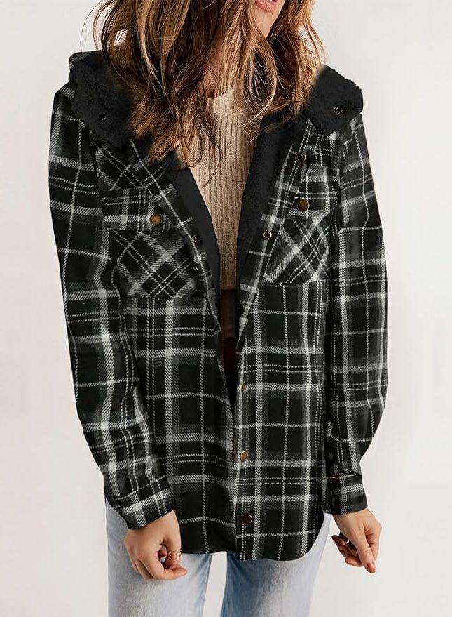 Women's Plaid Flannel Jacket with Sherpa Collar - Mireille
