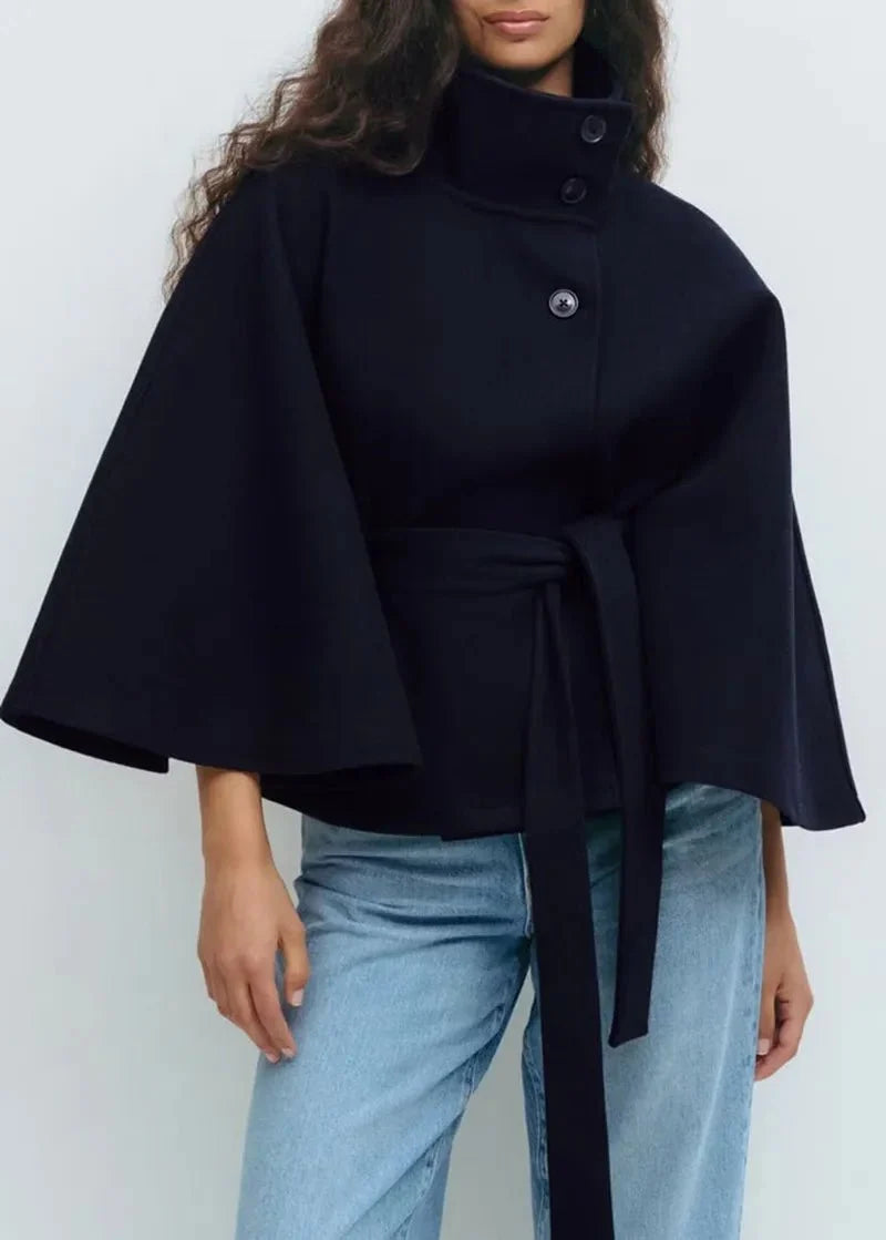 Women's Short Cape Coat, Belted Funnel Neck and Button Front