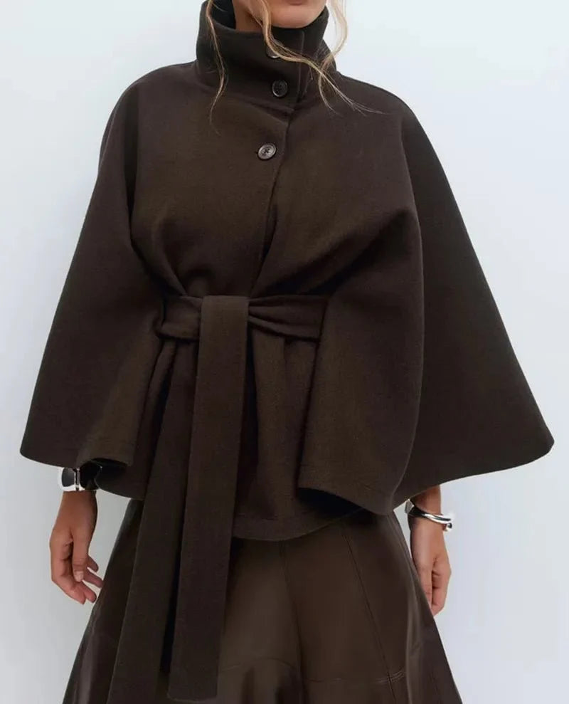 Women's Short Cape Coat, Belted Funnel Neck and Button Front