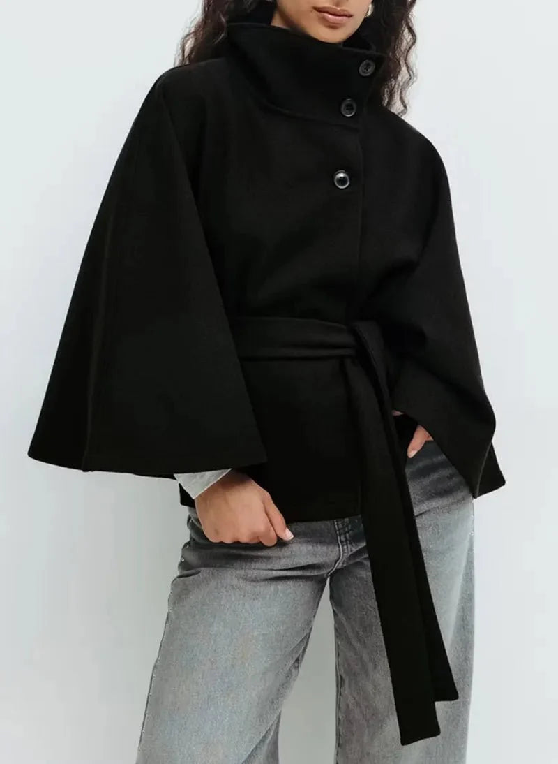 Women's Short Cape Coat, Belted Funnel Neck and Button Front