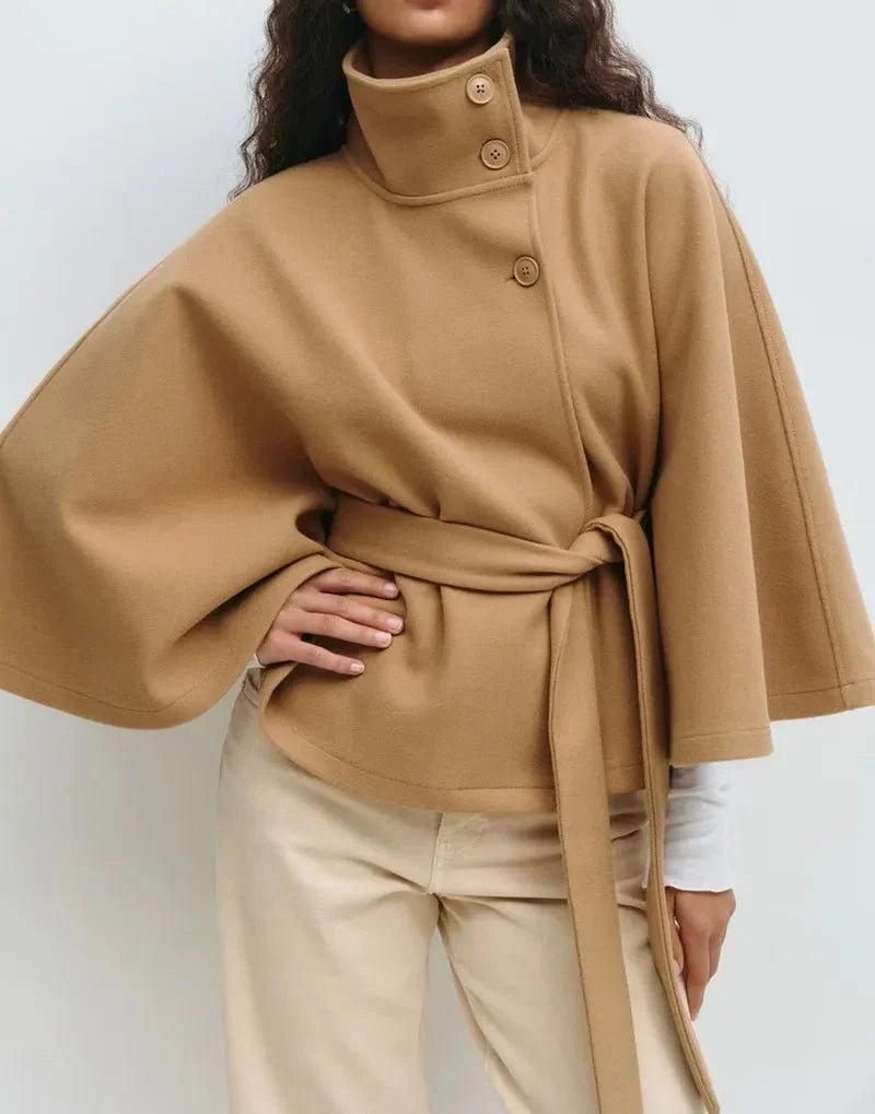 Women's Short Cape Coat, Belted Funnel Neck and Button Front