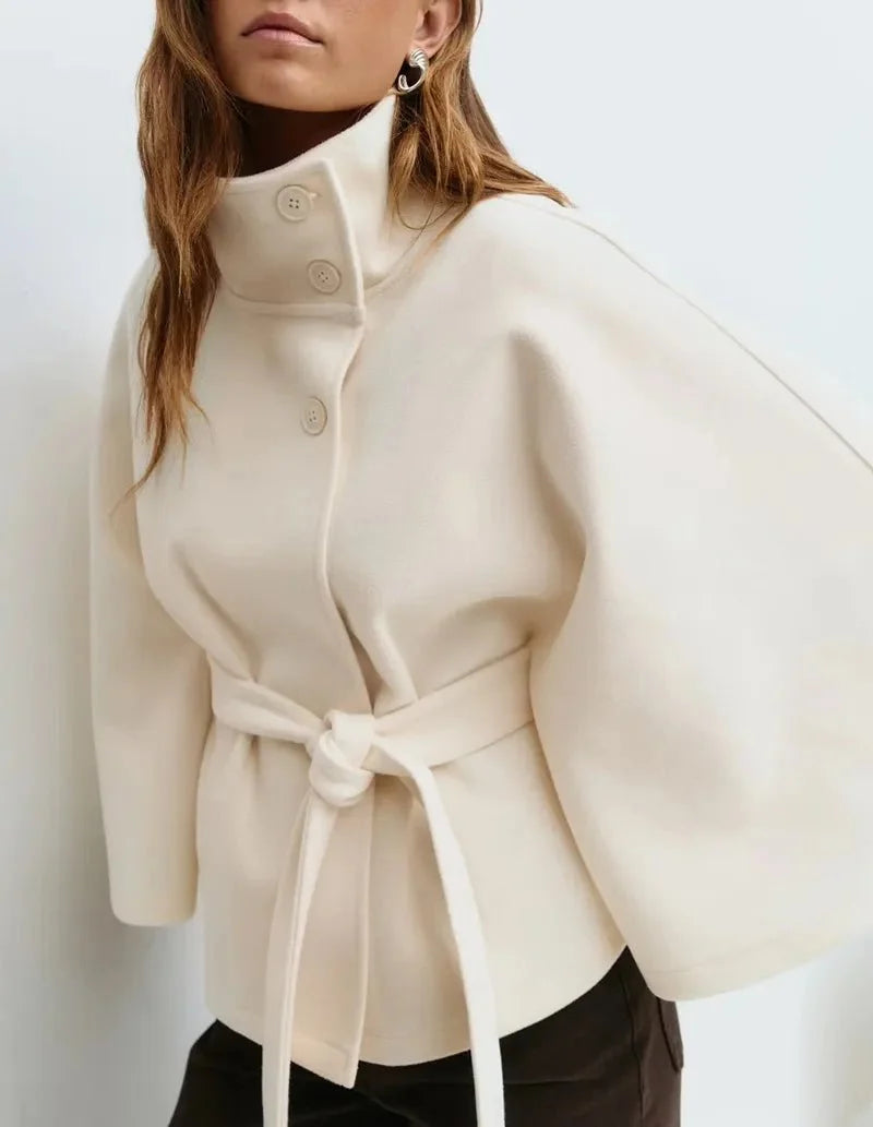 Women's Short Cape Coat, Belted Funnel Neck and Button Front