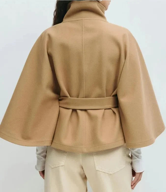 Women's Short Cape Coat, Belted Funnel Neck and Button Front