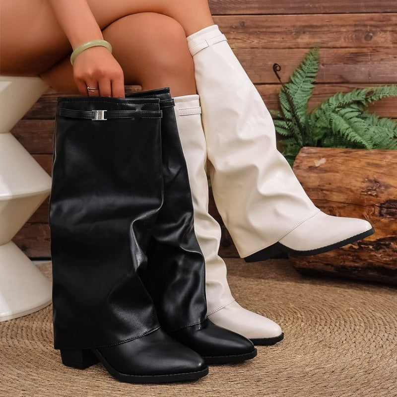 Women's Slouchy Knee-High Boots, Pointed Toe and Low Heel - Naveah